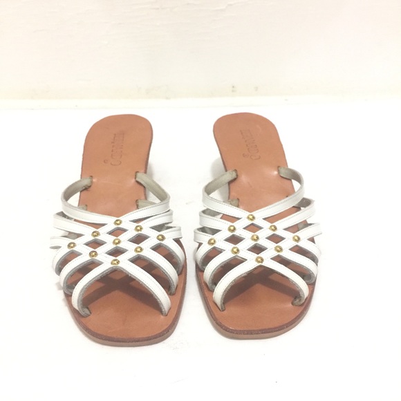 Bernardo WM Sz/7.5N White Leather Cross Straps Gold Embellished Pump Sandal - Picture 2 of 10